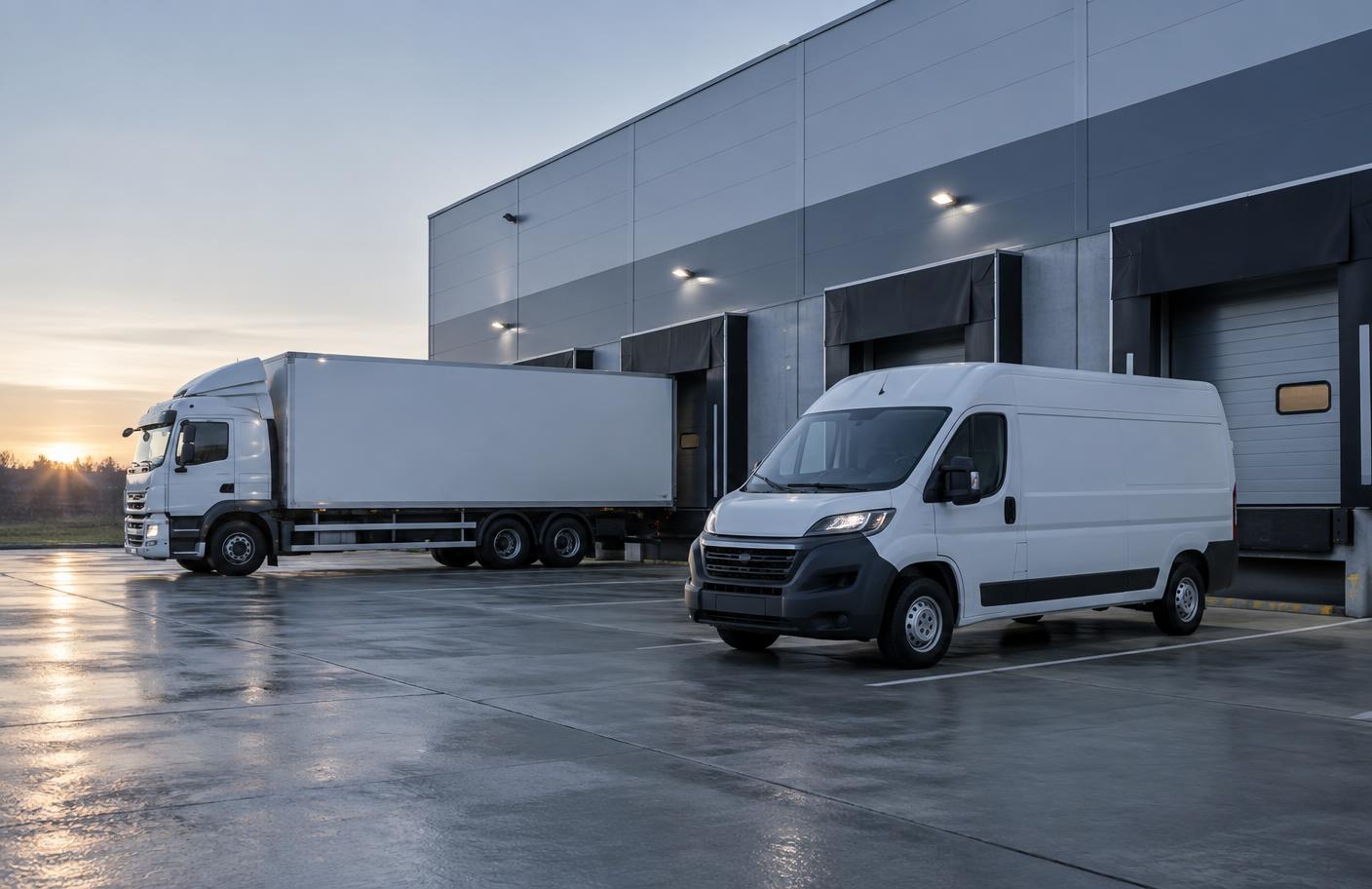 A delivery van and cargo truck at a loading dock