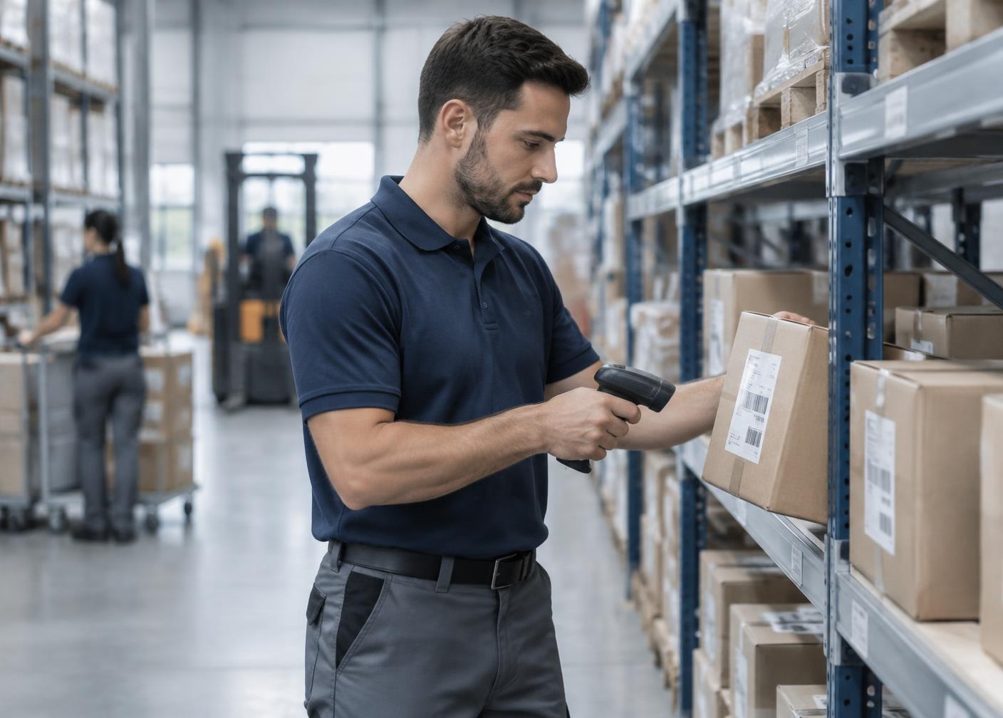 A logistics worker scanning a parcel label in a distribution warehouse